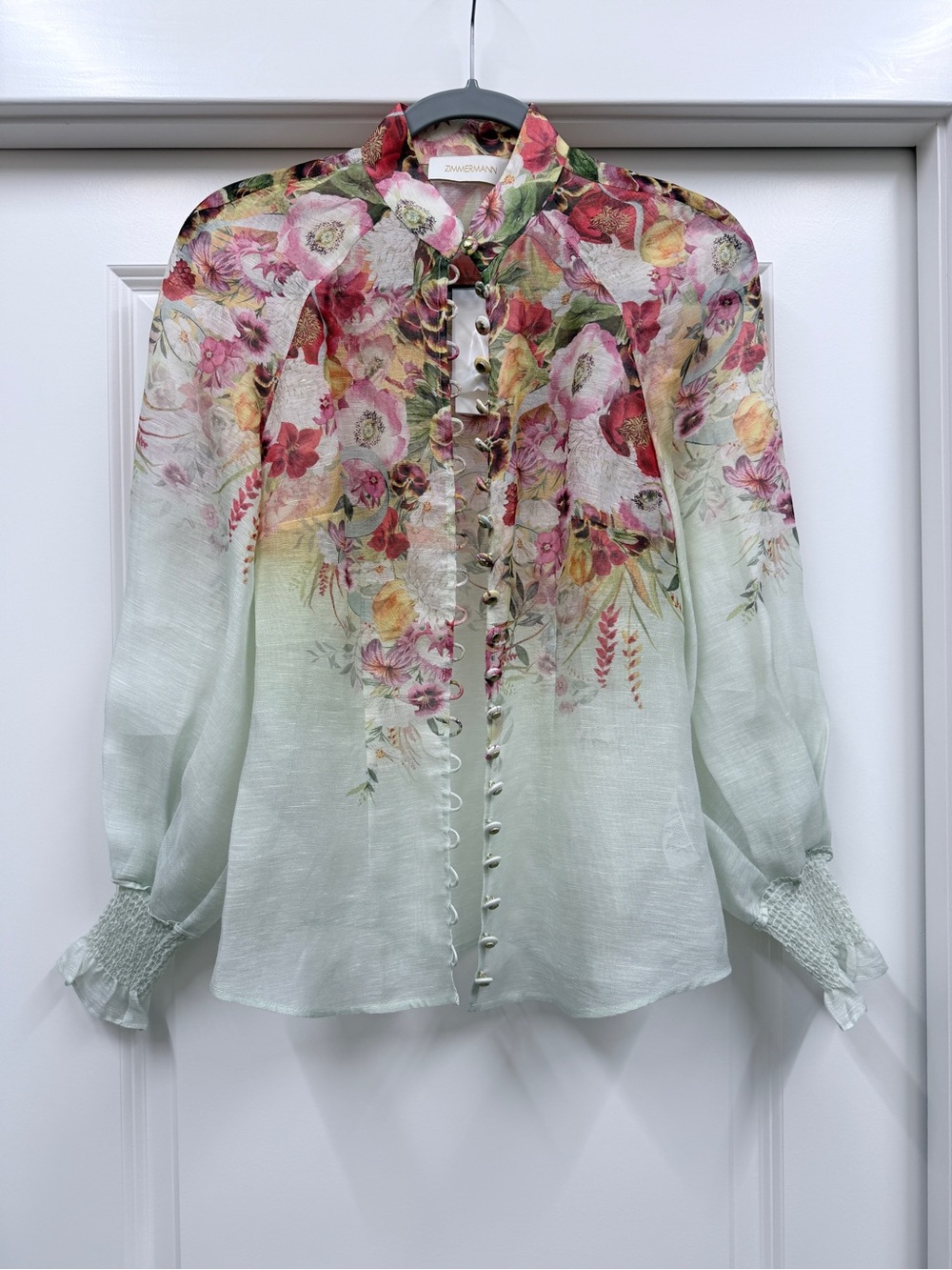 NWT Zimmermann Floral Linen Silk Blouse Mint Green Size 0